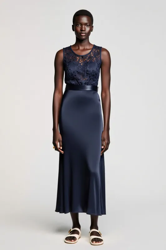Dark Blue Lace Satin A Line Wedding Guest Dress sold by Zapaka