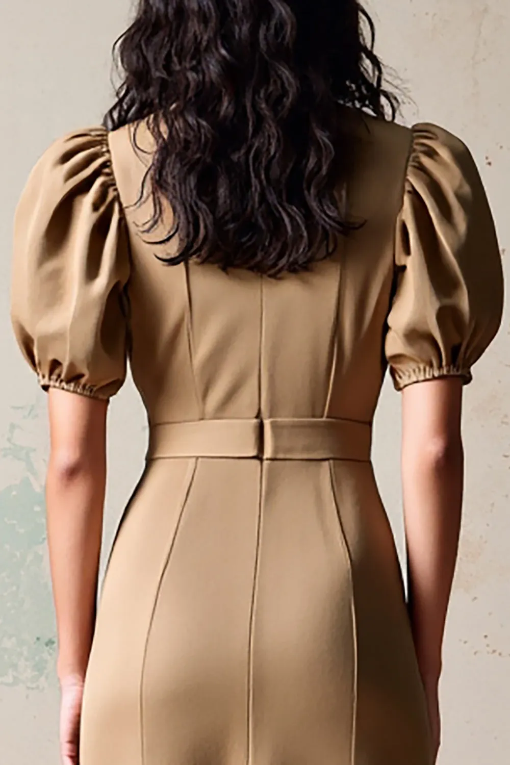Olive Lapel Puff Sleeve Wedding Guest Dress with Buttons sold by Zapaka product image thumbnail 4
