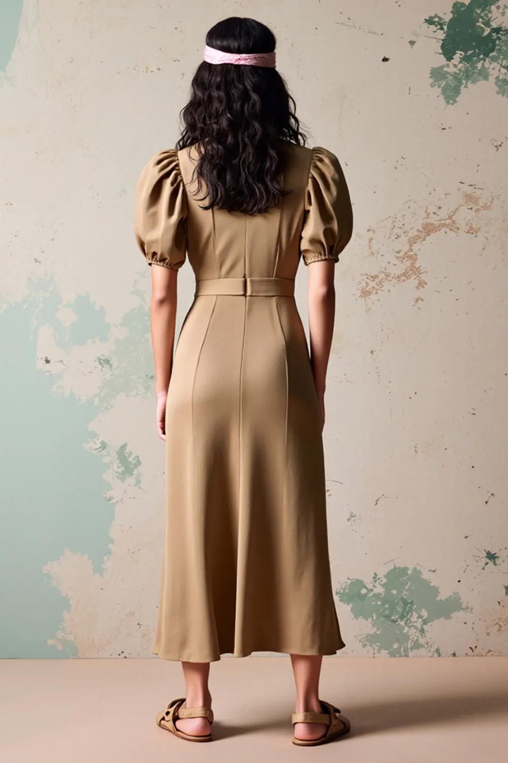 Olive Lapel Puff Sleeve Wedding Guest Dress with Buttons sold by Zapaka product image thumbnail 2