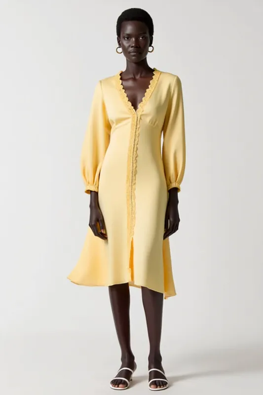 Yellow A Line Long Sleeve Midi Wedding Guest Dress sold by Zapaka