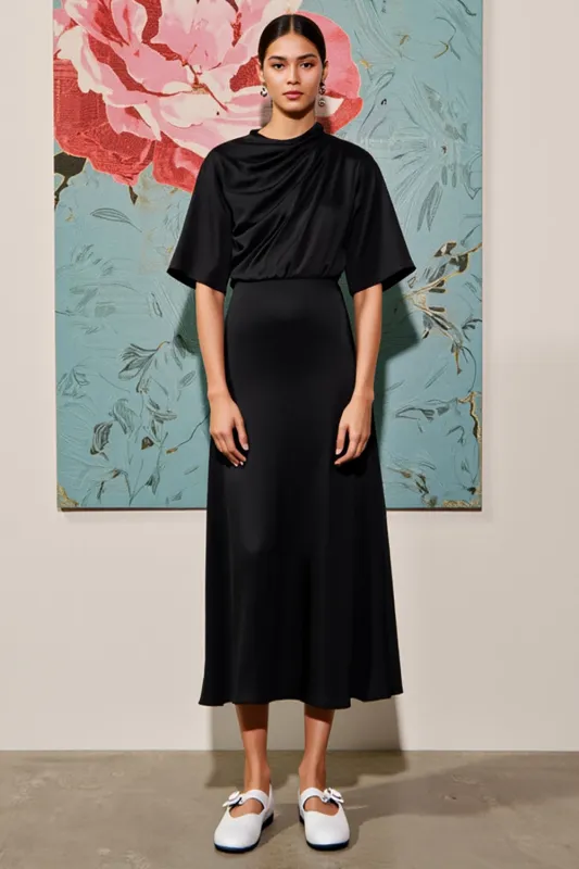 Black A Line Ruched Wedding Guest Dress sold by Zapaka