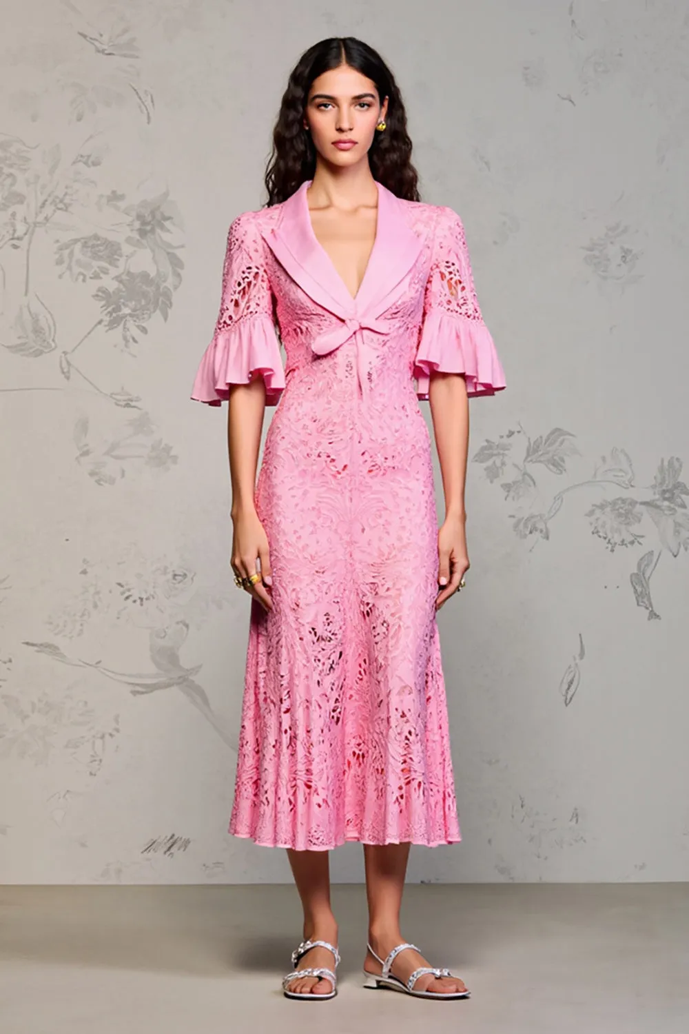 Pink Lace Lapel Ruffled Wedding Guest Dress sold by Zapaka