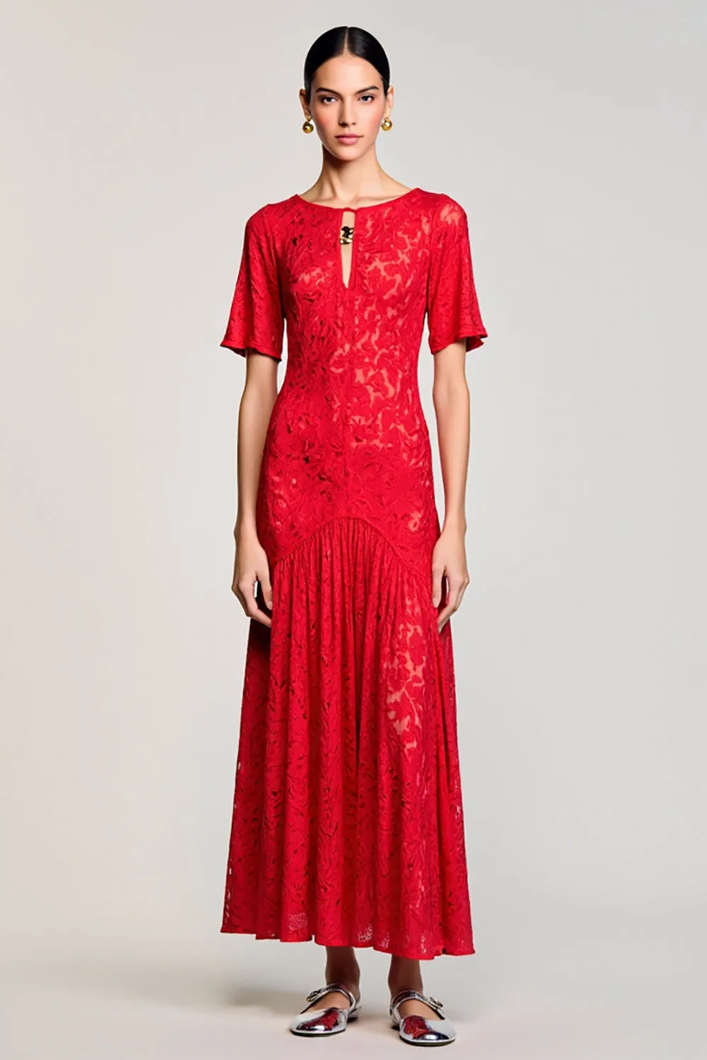 Red A Line Cut Out Lace Wedding Guest Dress sold by Zapaka