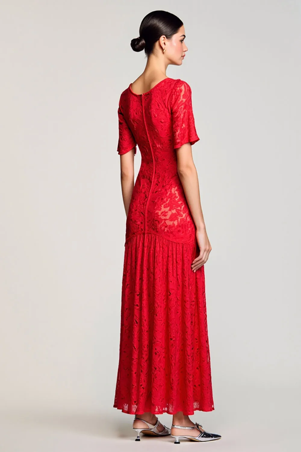 Red A Line Cut Out Lace Wedding Guest Dress sold by Zapaka product image thumbnail 2