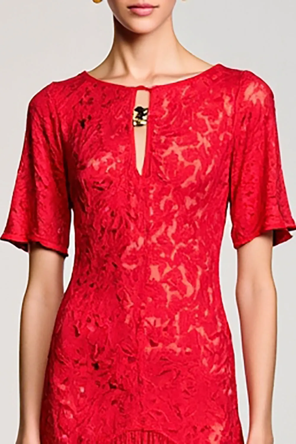 Red A Line Cut Out Lace Wedding Guest Dress sold by Zapaka product image thumbnail 3