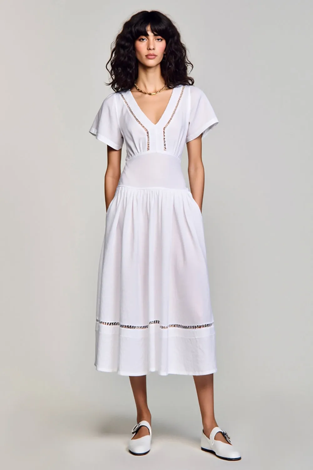 White V-Neck A Line Wedding Guest Dress sold by Zapaka