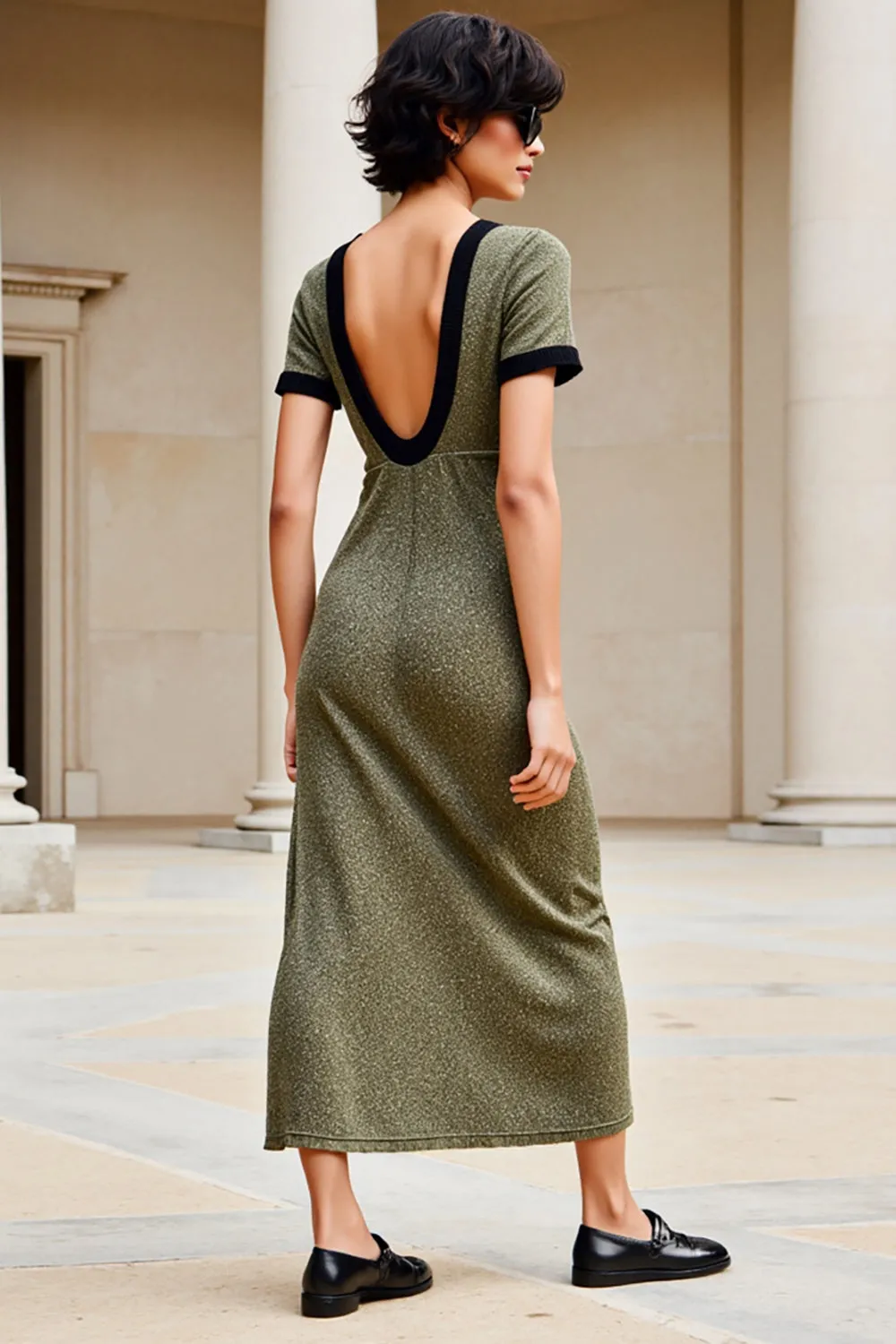 Olive Boat Neck Long Wedding Guest Dress with Short Sleeves sold by Zapaka product image thumbnail 2