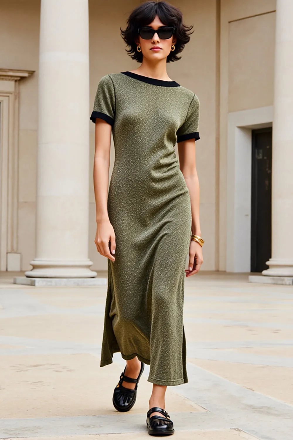 Olive Boat Neck Long Wedding Guest Dress with Short Sleeves sold by Zapaka