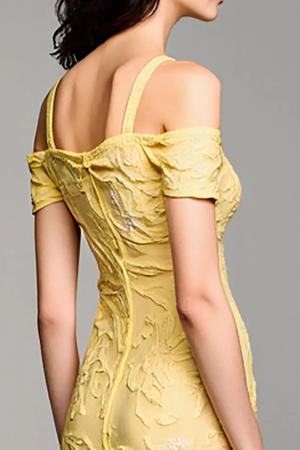 Cold Shoulder A Line Yellow Jacquard Wedding Guest Dress sold by Zapaka product image thumbnail 4