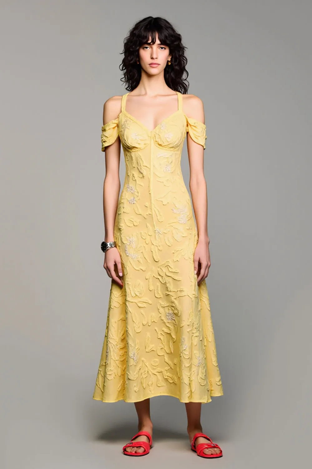 Cold Shoulder A Line Yellow Jacquard Wedding Guest Dress sold by Zapaka
