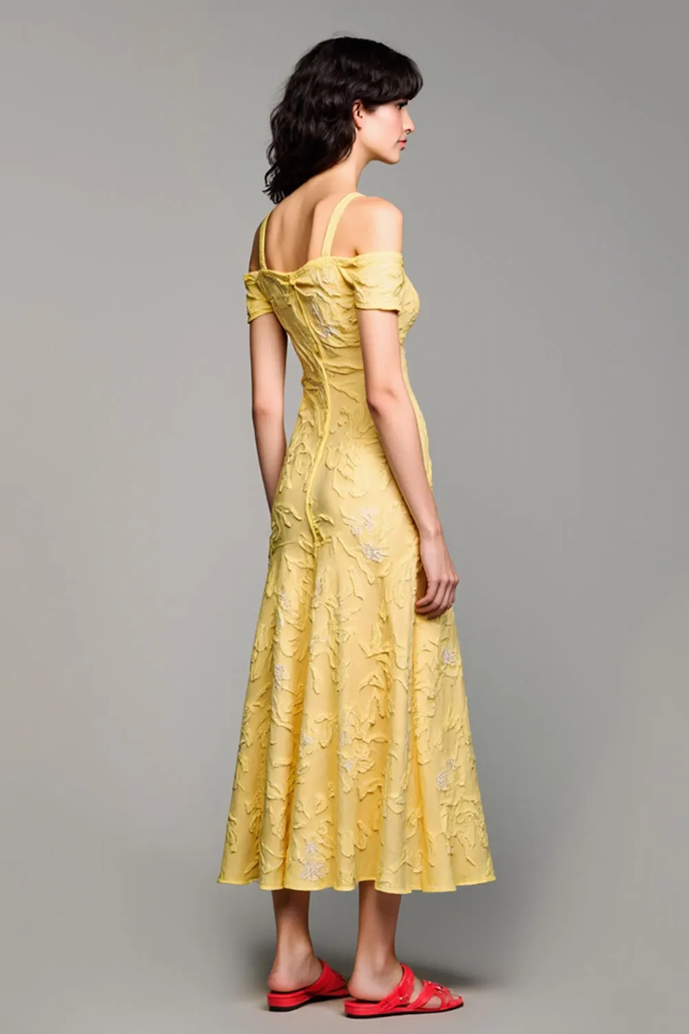 Cold Shoulder A Line Yellow Jacquard Wedding Guest Dress sold by Zapaka product image thumbnail 2
