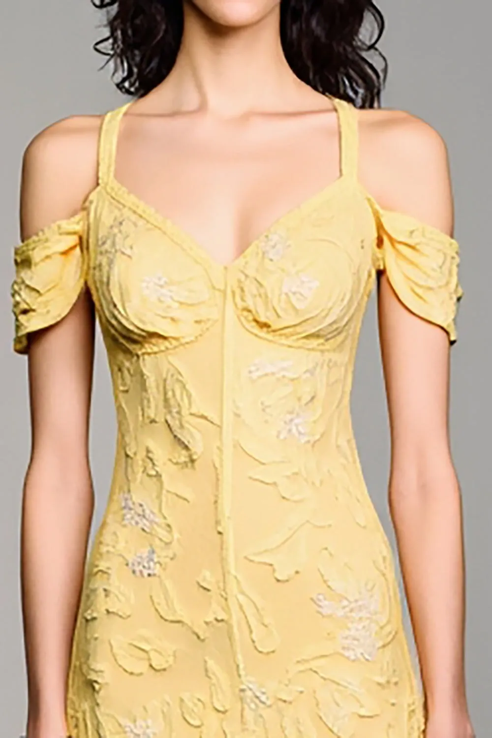 Cold Shoulder A Line Yellow Jacquard Wedding Guest Dress sold by Zapaka product image thumbnail 3