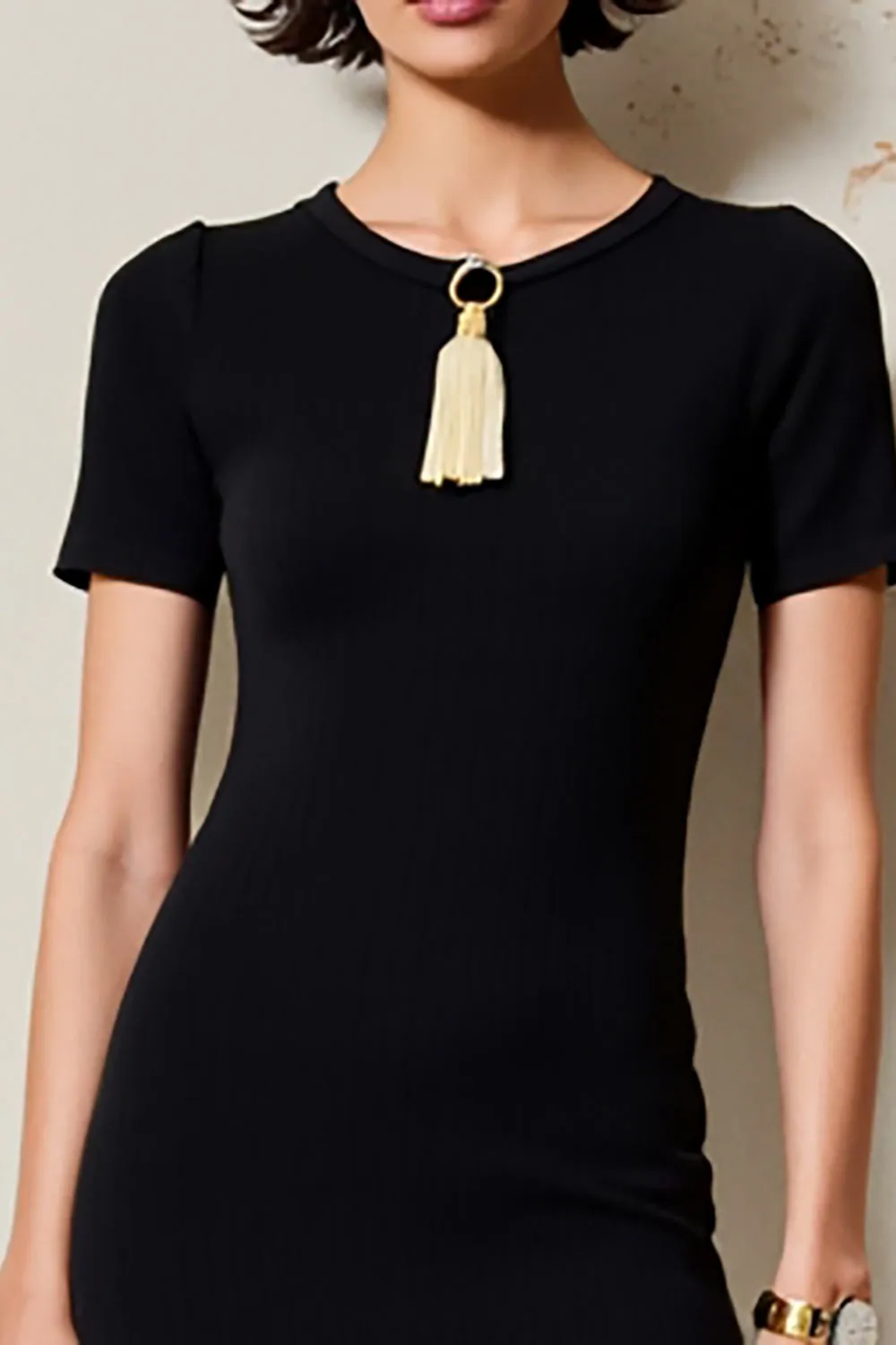 Simple Black Round Neck Midi Wedding Guest Dress with Short Sleeves sold by Zapaka product image thumbnail 3