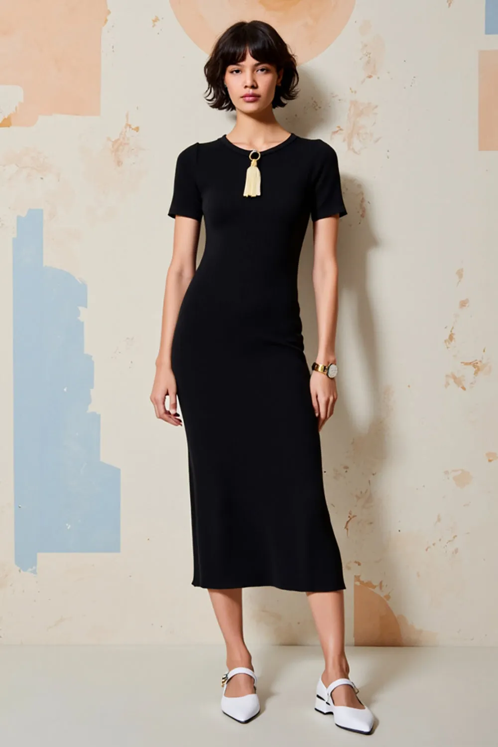 Simple Black Round Neck Midi Wedding Guest Dress with Short Sleeves sold by Zapaka