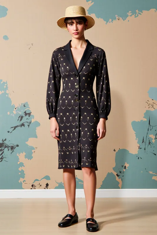 Black Notched Lapel Floral Midi Wedding Guest Dress sold by Zapaka