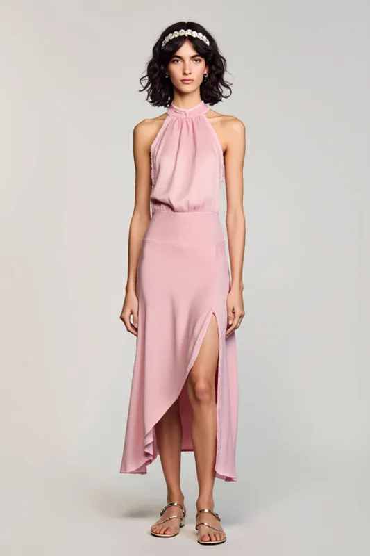 Pink Halter Backless Midi Wedding Guest Dress with Slit sold by Zapaka