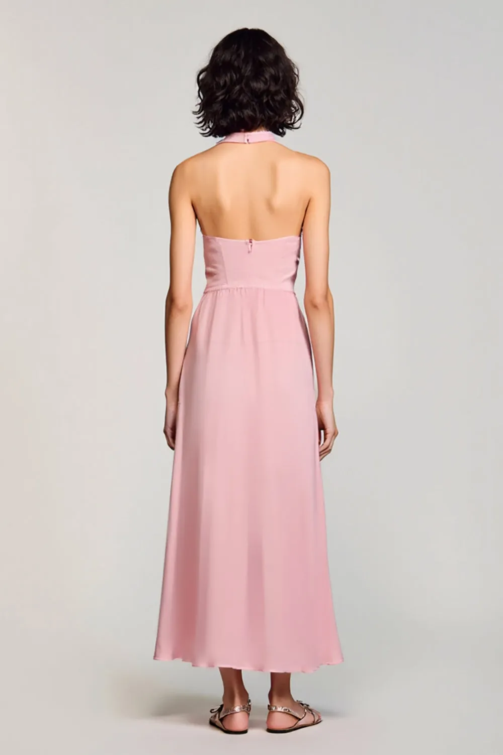 Pink Halter Backless Midi Wedding Guest Dress with Slit sold by Zapaka product image thumbnail 2