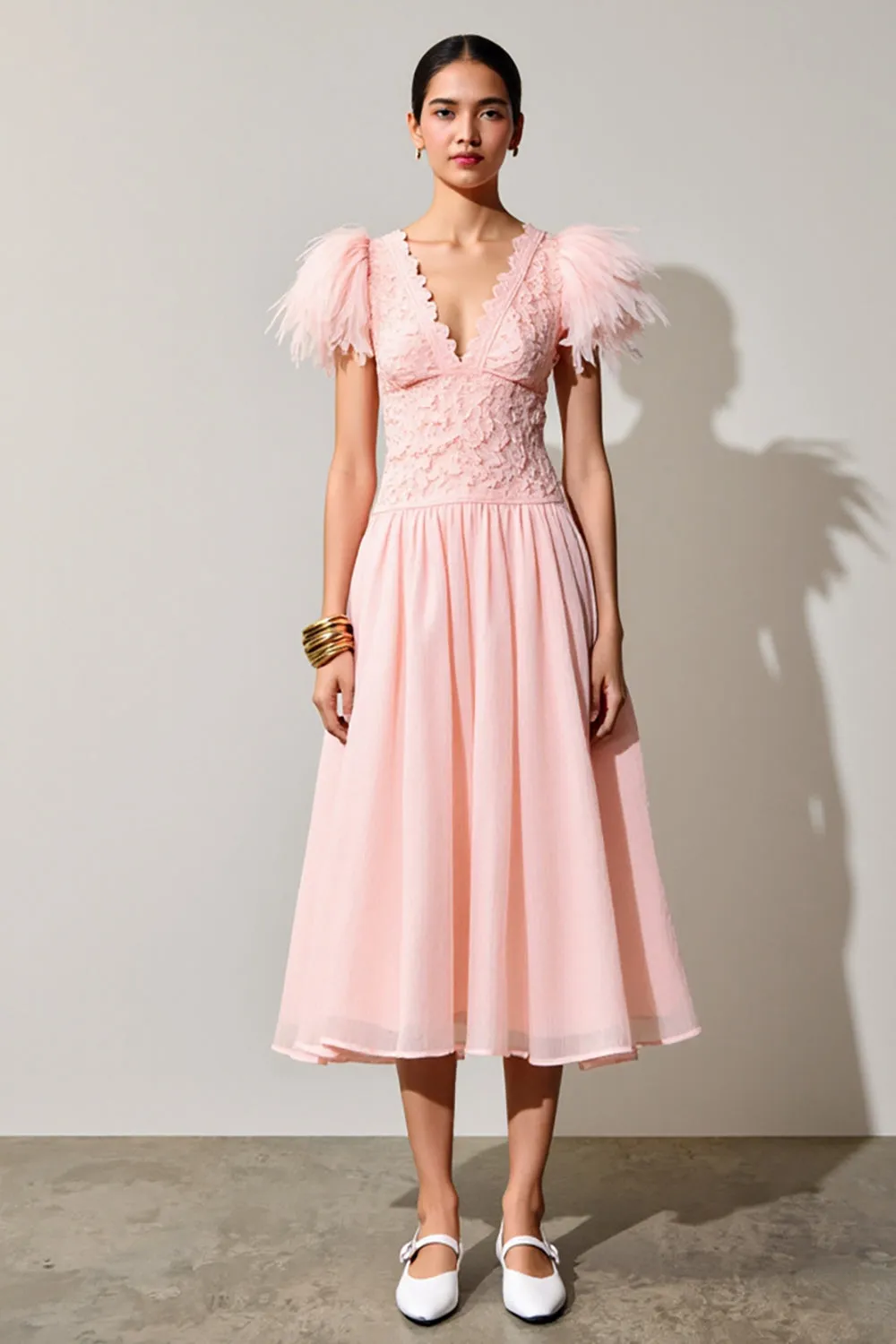 Pink A Line Wedding Guest Dress with Feathers sold by Zapaka