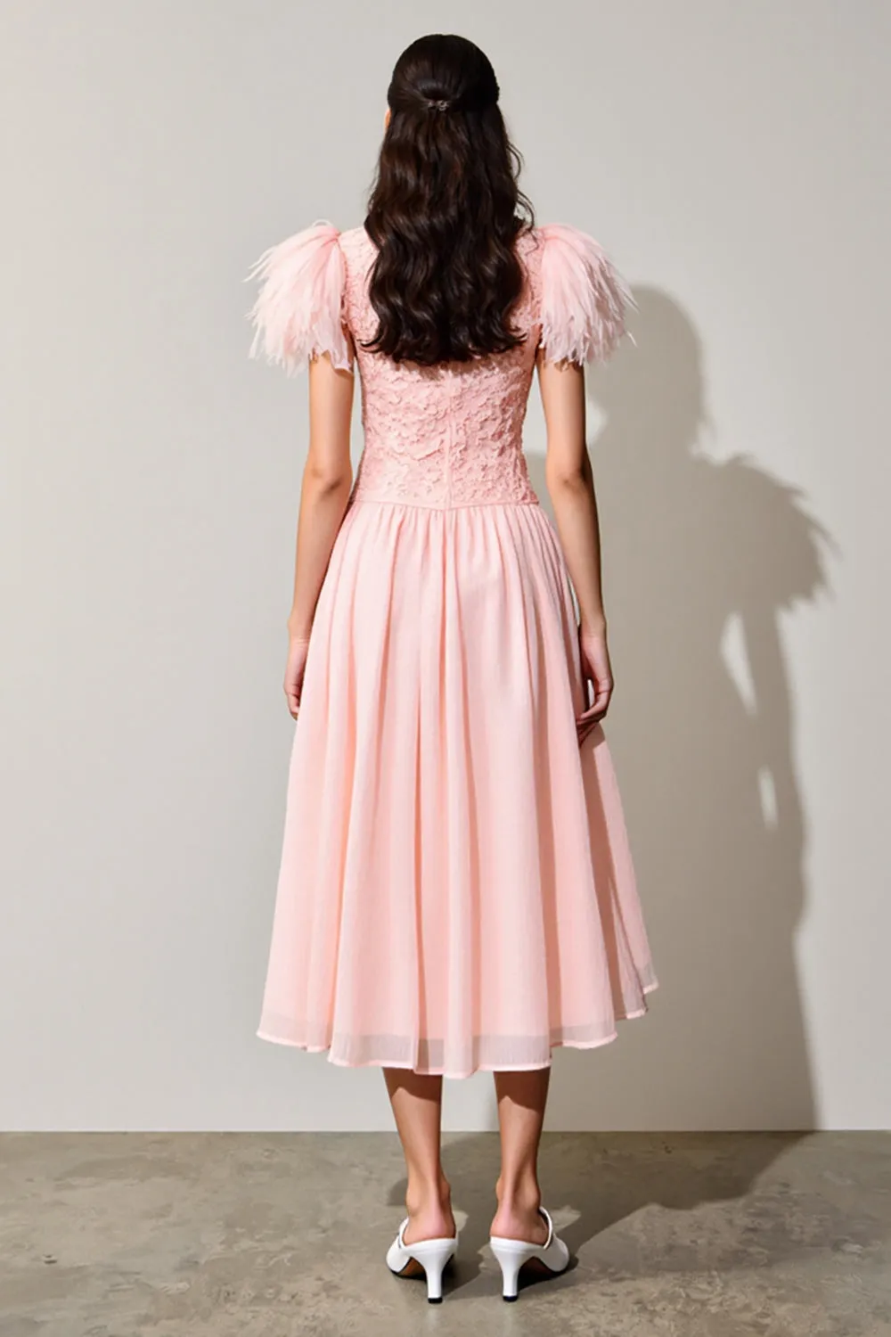 Pink A Line Wedding Guest Dress with Feathers sold by Zapaka product image thumbnail 2