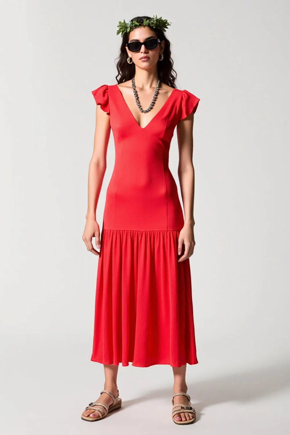 V Neck Red Chiffon A Line Wedding Guest Dress sold by Zapaka