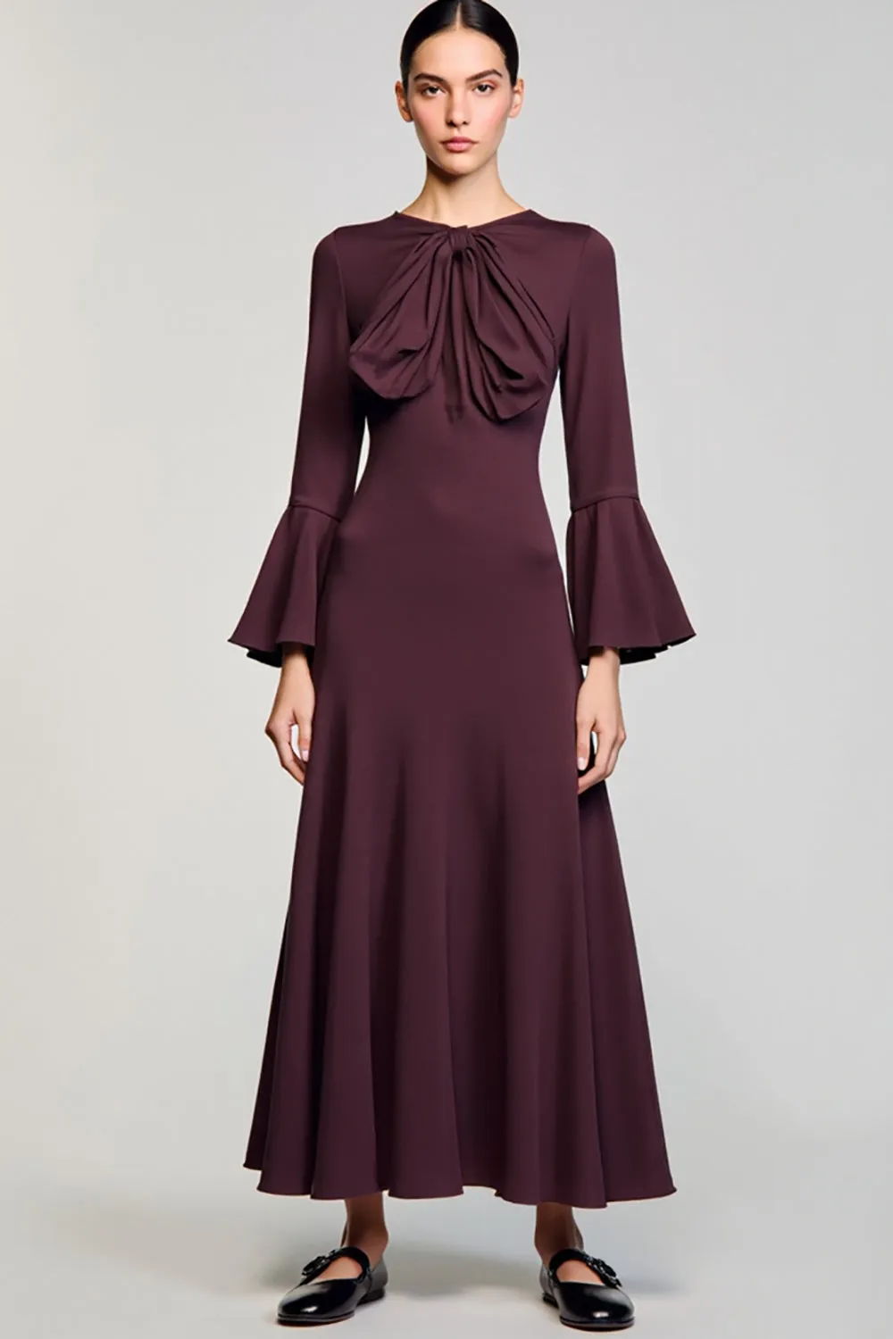 Burgundy A Line Bow Long Wedding Guest Dress with Sleeves sold by Zapaka