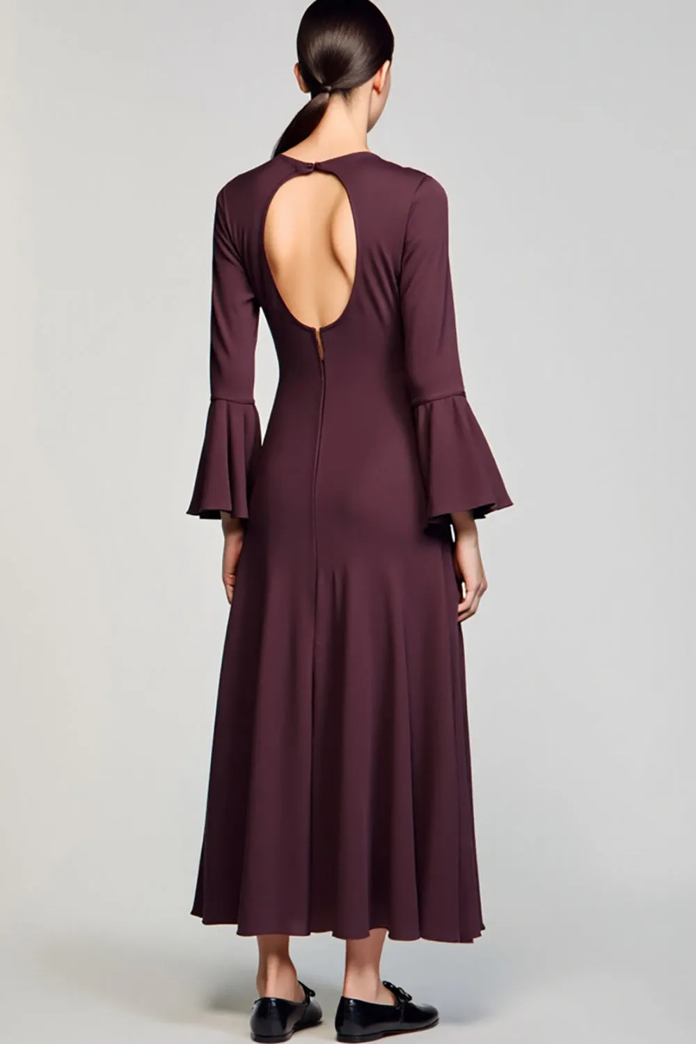 Burgundy A Line Bow Long Wedding Guest Dress with Sleeves sold by Zapaka product image thumbnail 2