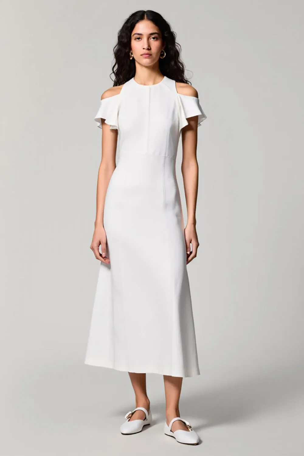 White Cold Shoulder A Line Wedding Guest Dress sold by Zapaka