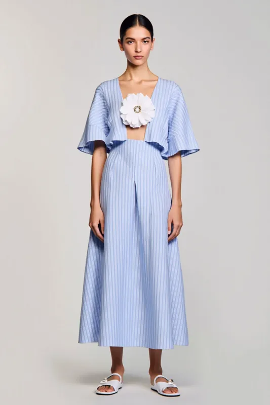 Blue A Line Striped 3D Flower Wedding Guest Dress sold by Zapaka