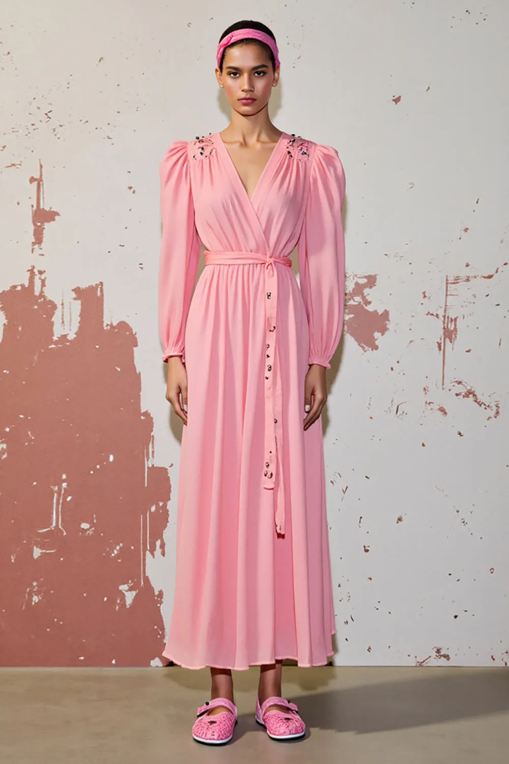 Pink A Line Long Sleeve Wedding Guest Dress with Belt sold by Zapaka