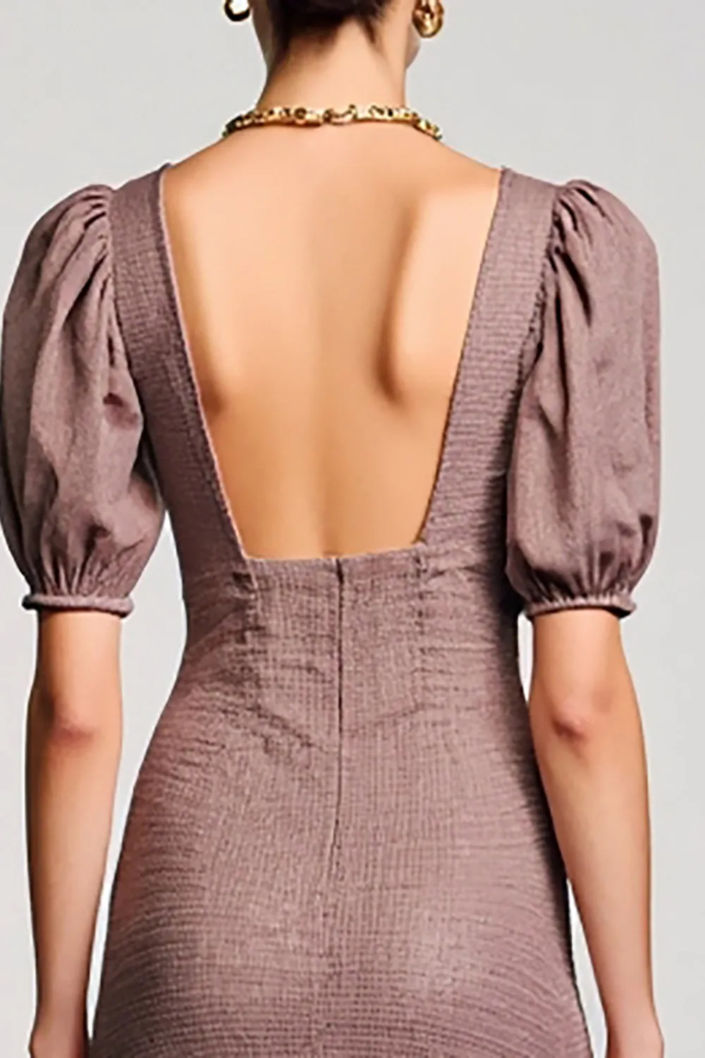 Coffee A Line Square Neck Long Wedding Guest Dress with Puff Sleeves sold by Zapaka product image thumbnail 4