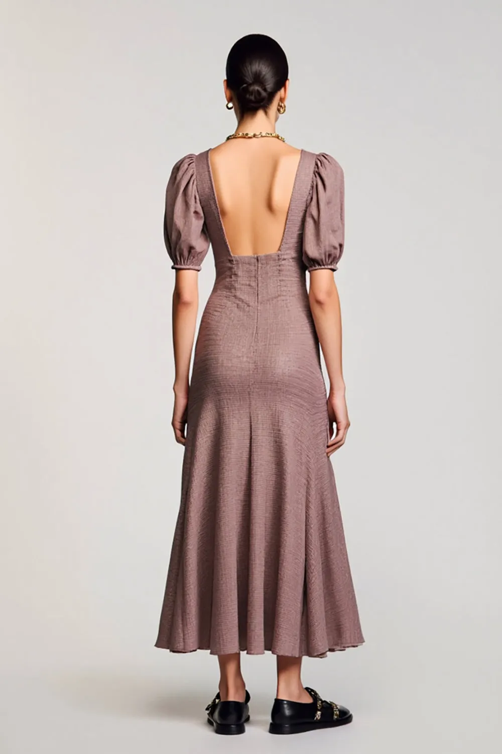 Coffee A Line Square Neck Long Wedding Guest Dress with Puff Sleeves sold by Zapaka product image thumbnail 2