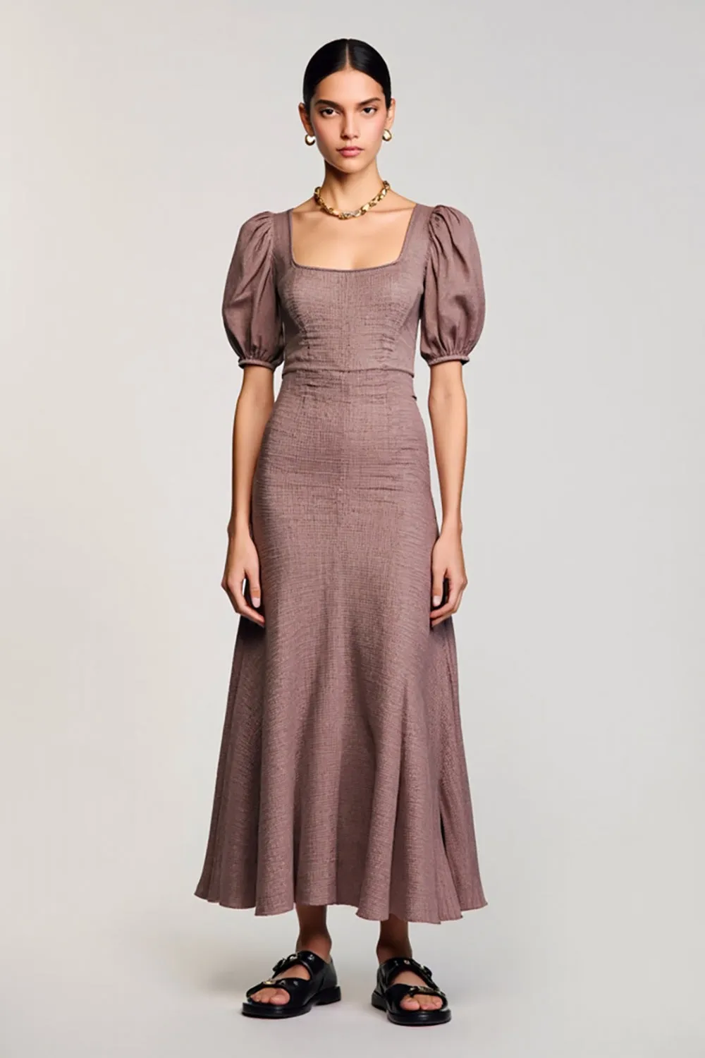 Coffee A Line Square Neck Long Wedding Guest Dress with Puff Sleeves sold by Zapaka