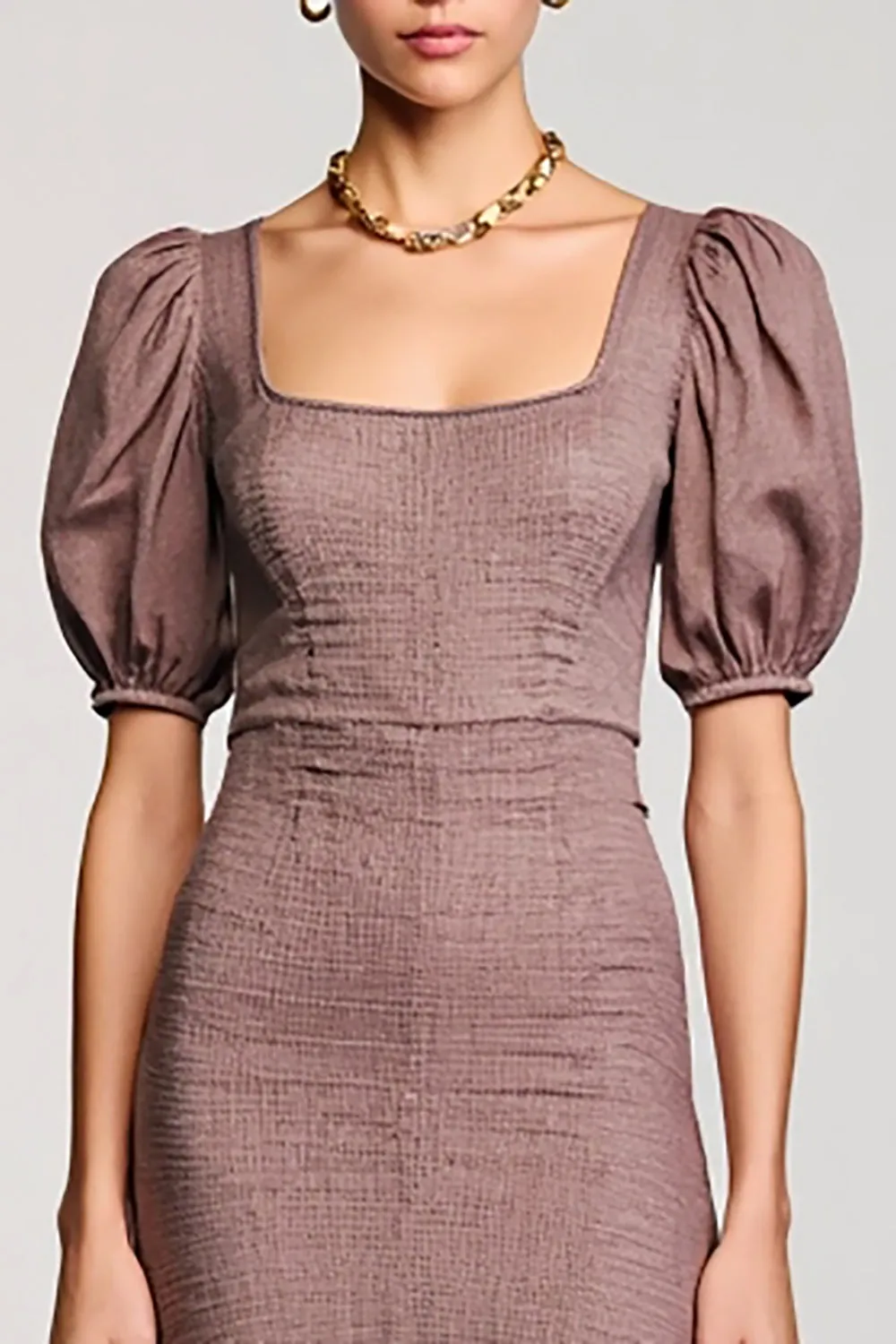 Coffee A Line Square Neck Long Wedding Guest Dress with Puff Sleeves sold by Zapaka product image thumbnail 3