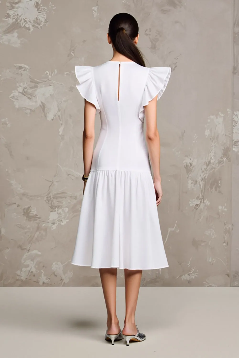 White A Line Flutter Sleeve Wedding Guest Dress sold by Zapaka product image thumbnail 2