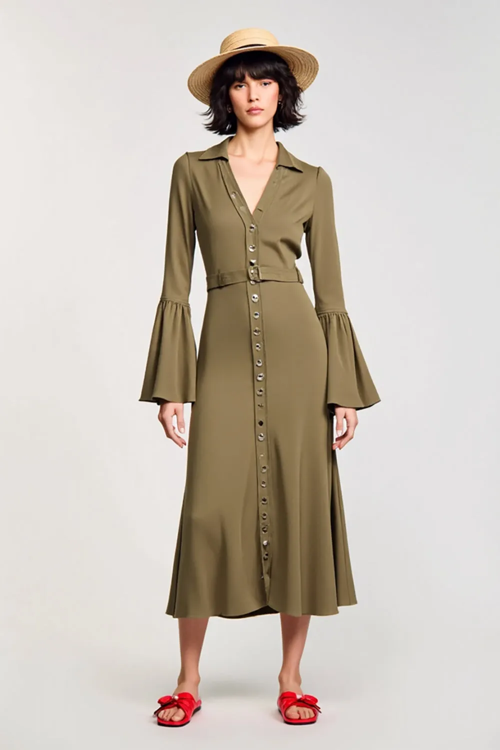 Olive Chiffon A Line V Neck Wedding Guest Dress sold by Zapaka