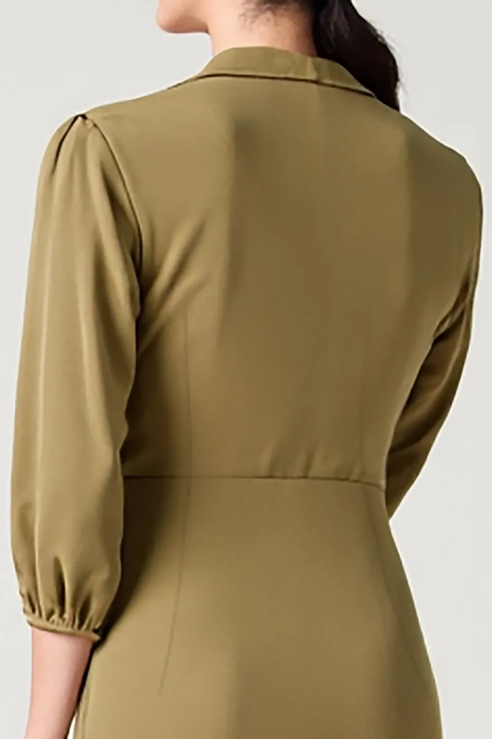 Olive Satin Collar Neck Long Wedding Guest Dress with 3/4 Sleeves sold by Zapaka product image thumbnail 4