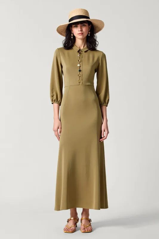 Olive Satin Collar Neck Long Wedding Guest Dress with 3/4 Sleeves sold by Zapaka
