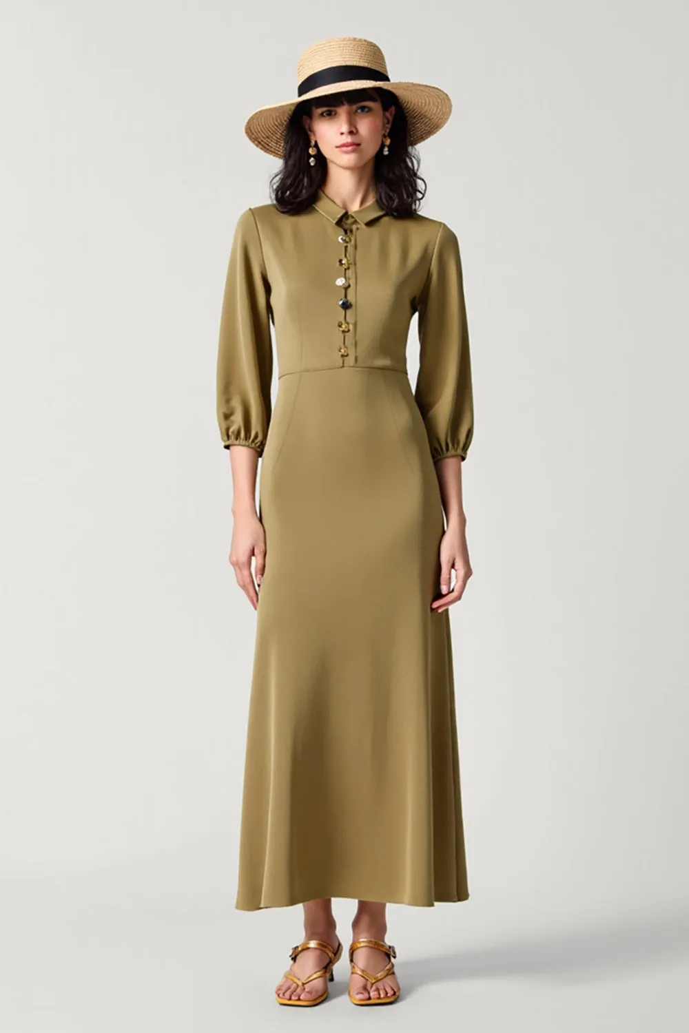 Olive Satin Collar Neck Long Wedding Guest Dress with 3/4 Sleeves sold by Zapaka