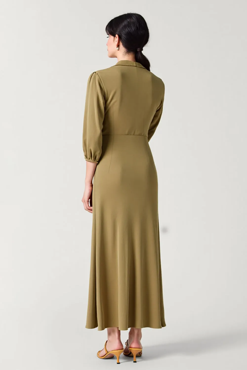 Olive Satin Collar Neck Long Wedding Guest Dress with 3/4 Sleeves sold by Zapaka product image thumbnail 2