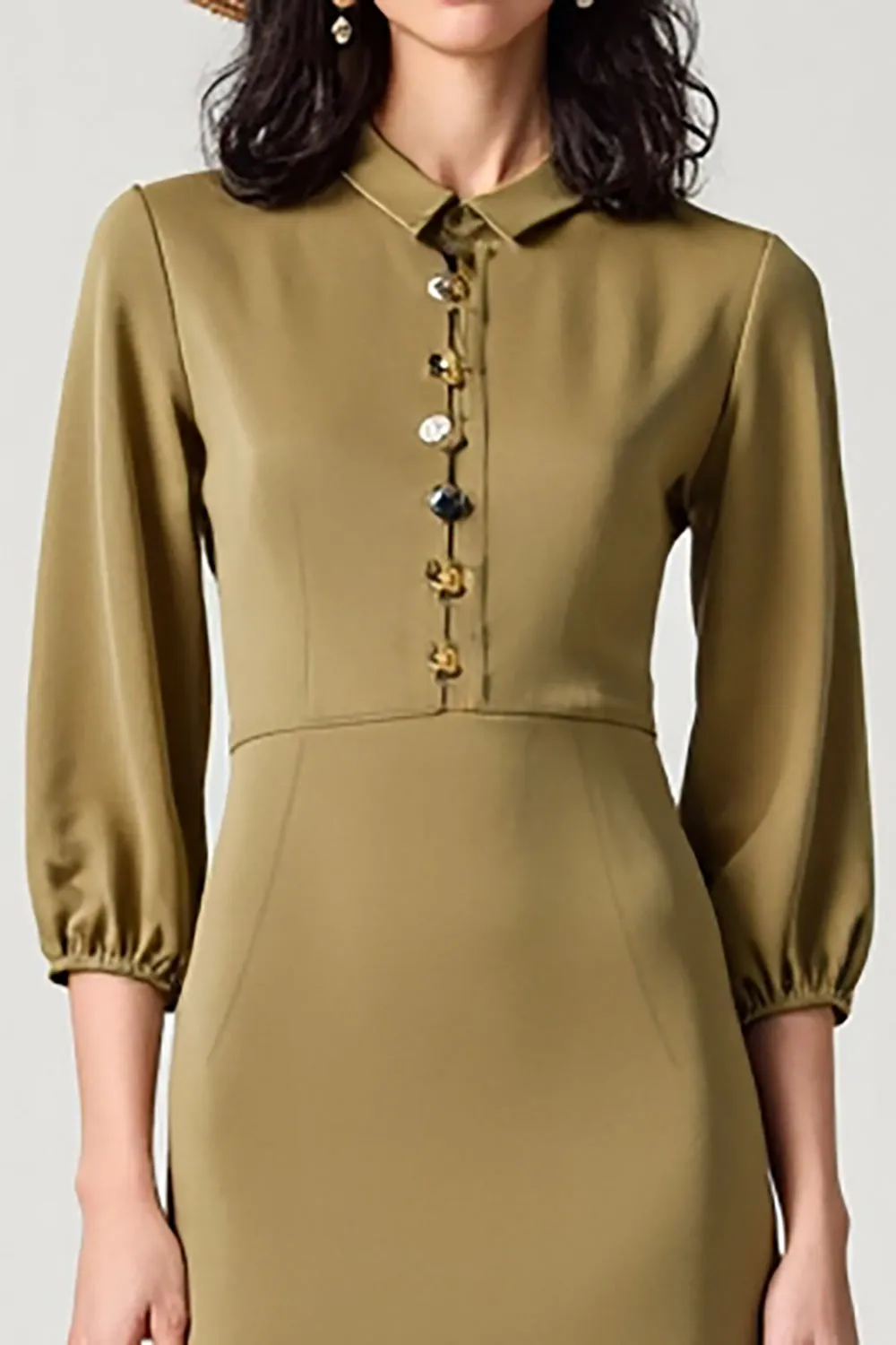 Olive Satin Collar Neck Long Wedding Guest Dress with 3/4 Sleeves sold by Zapaka product image thumbnail 3