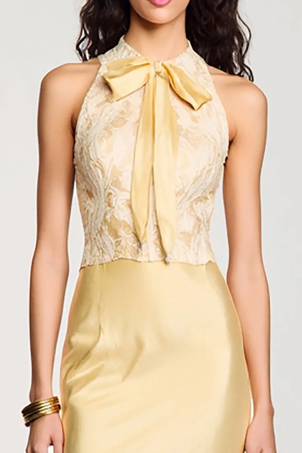 Yellow Halter Bodycon Midi Bow Wedding Guest Dress sold by Zapaka product image thumbnail 3