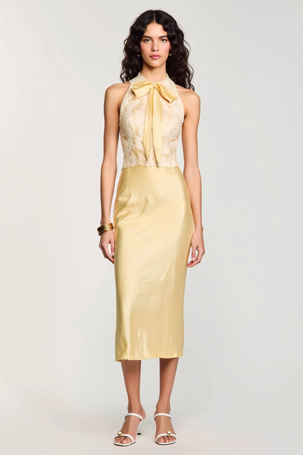 Yellow Halter Bodycon Midi Bow Wedding Guest Dress sold by Zapaka
