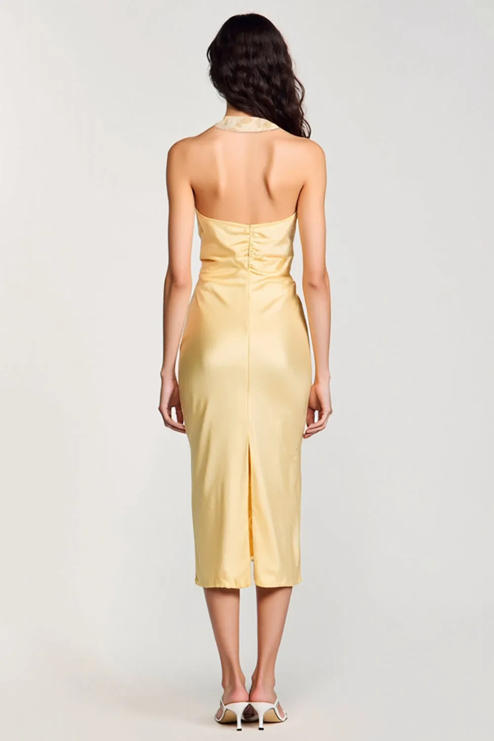 Yellow Halter Bodycon Midi Bow Wedding Guest Dress sold by Zapaka product image thumbnail 2