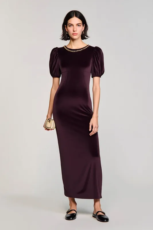 Velvet Burgundy Sheath Wedding Guest Dress sold by Zapaka