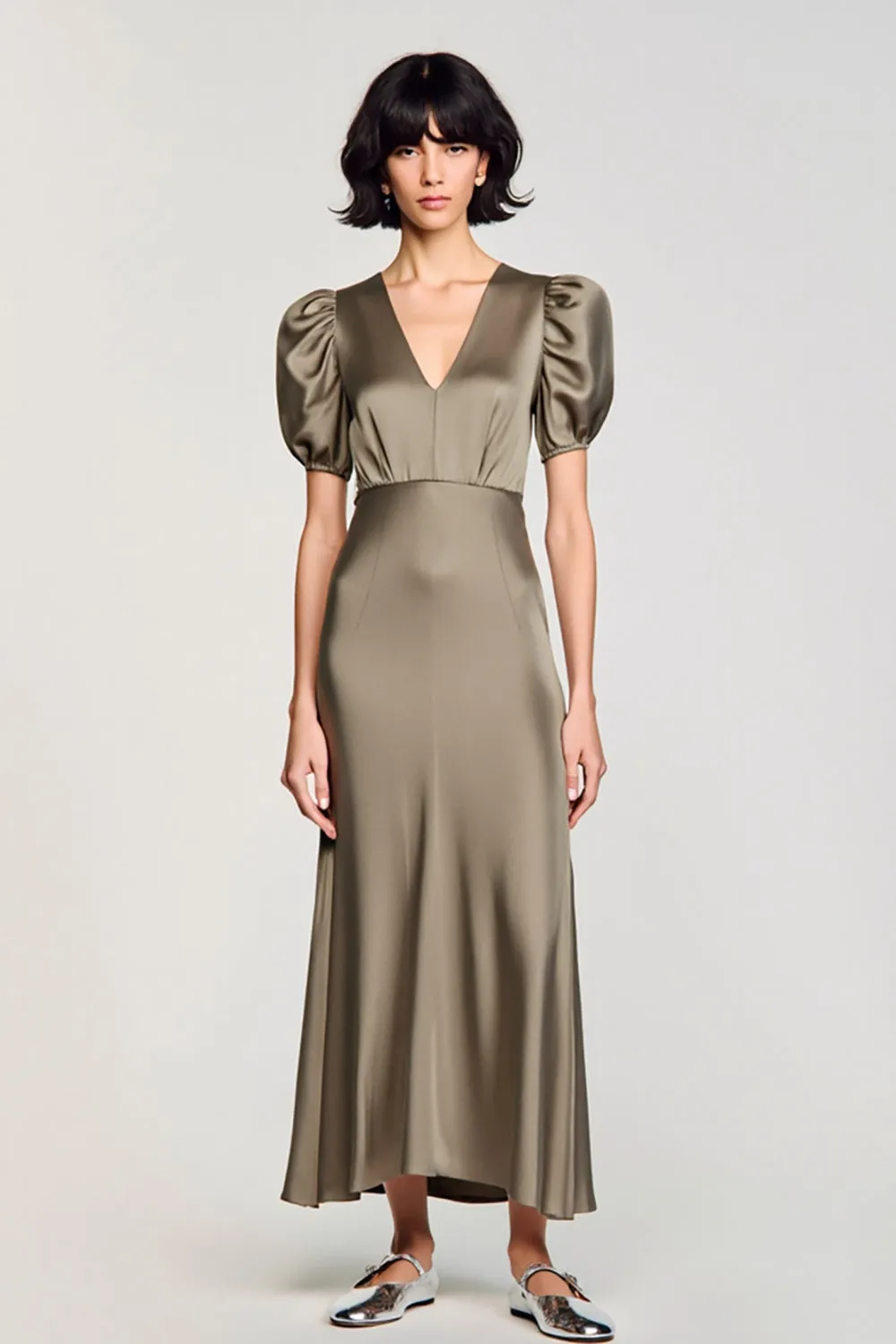 Olive Satin Puff Sleeves Long Wedding Guest Dress sold by Zapaka