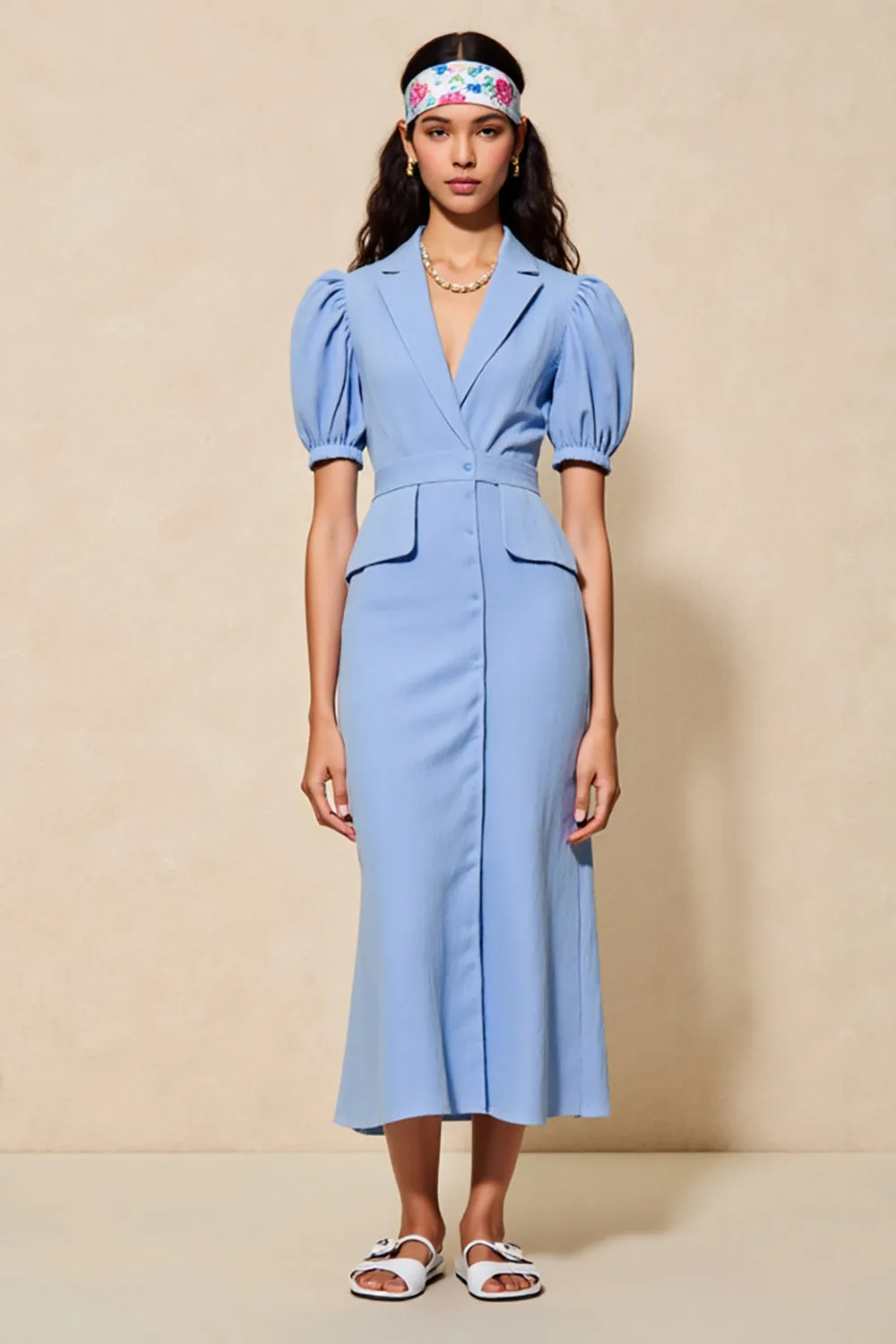 Blue Sheath Notched Lapel Wedding Guest Dress with Sleeves sold by Zapaka