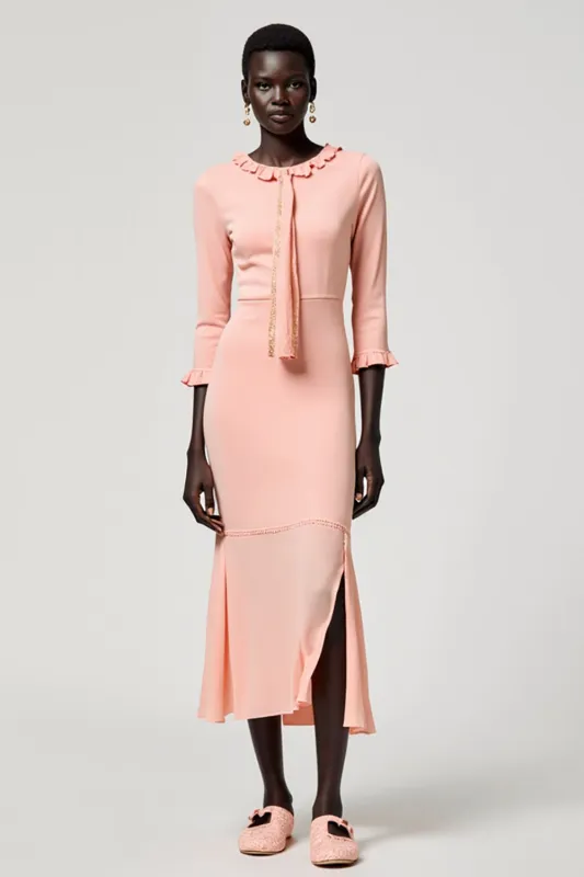 Pink Sheath Ruffled Long Wedding Guest Dress with Slit sold by Zapaka