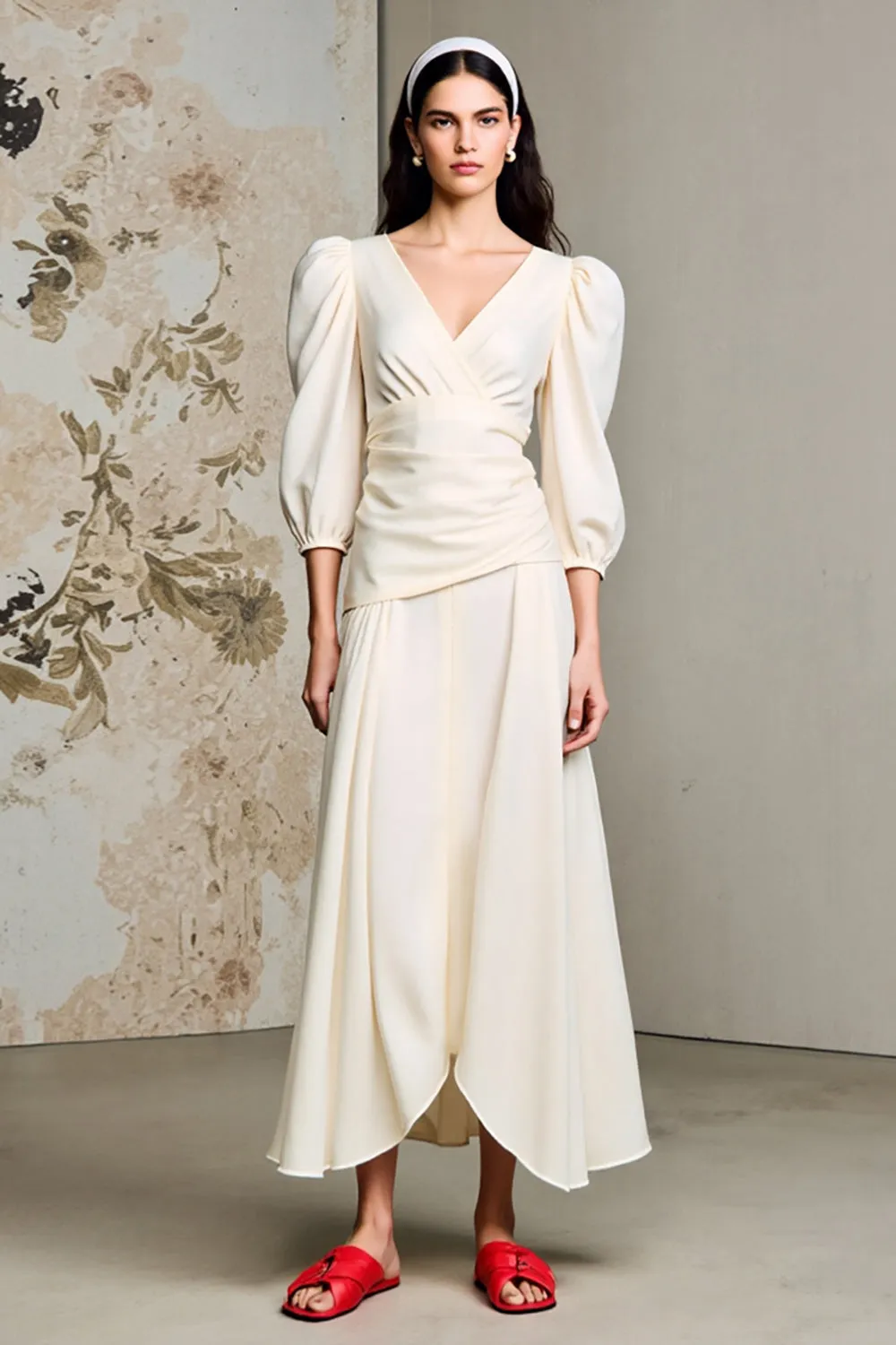 Ivory V-Neck Long Sleeves Wedding Guest Dress sold by Zapaka