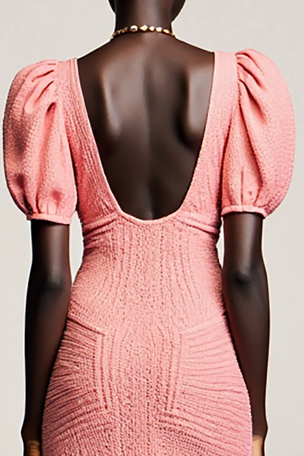 Pink Sheath Ruched Puff Sleeves Long Weddig Guest Dress sold by Zapaka product image thumbnail 4