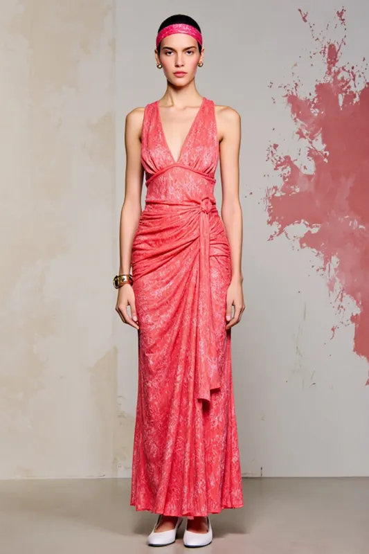 Pink Sheath Ruched Long Wedding Guest Dress sold by Zapaka